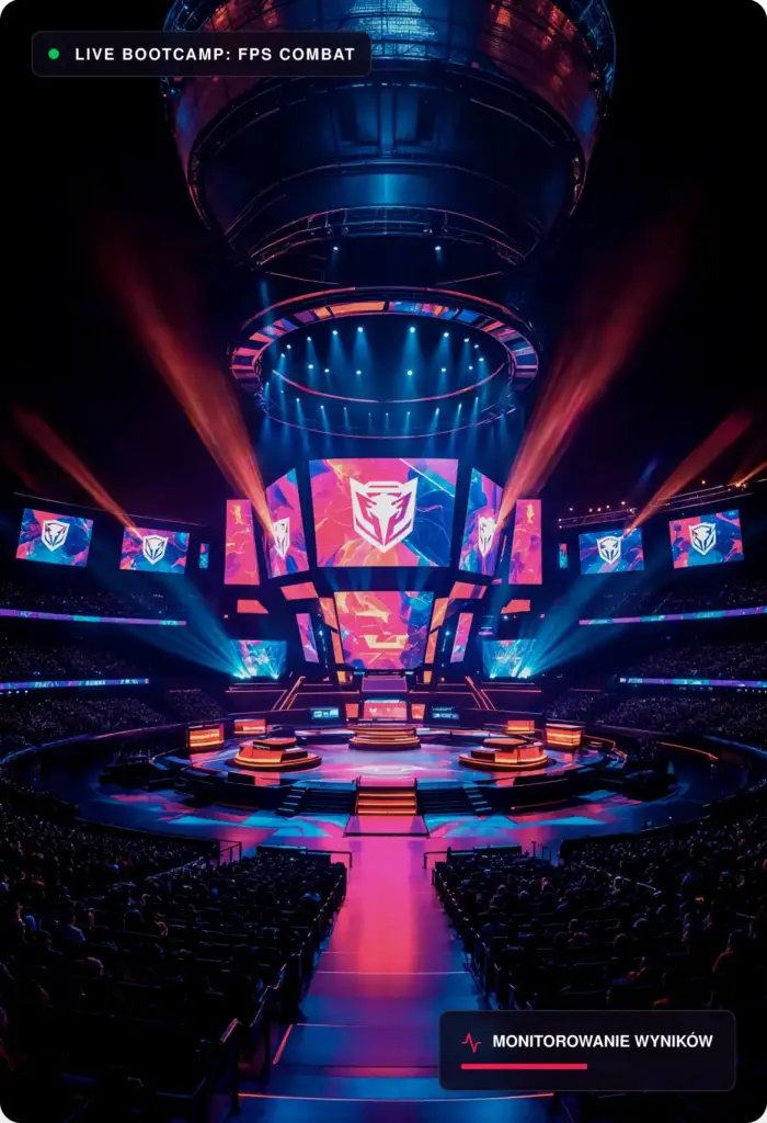 Futurystyczna arena esportowa z dużą sceną, ekranami LED oraz neonowym czerwono-niebieskim oświetleniem.